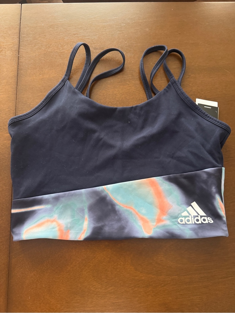 adidas Navy Sports Crop Top with Pastel Tie-Dye Hem